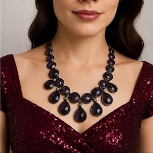 Jones New York Statement Necklace Purple Faceted Stones Gunmetal Holiday Glam